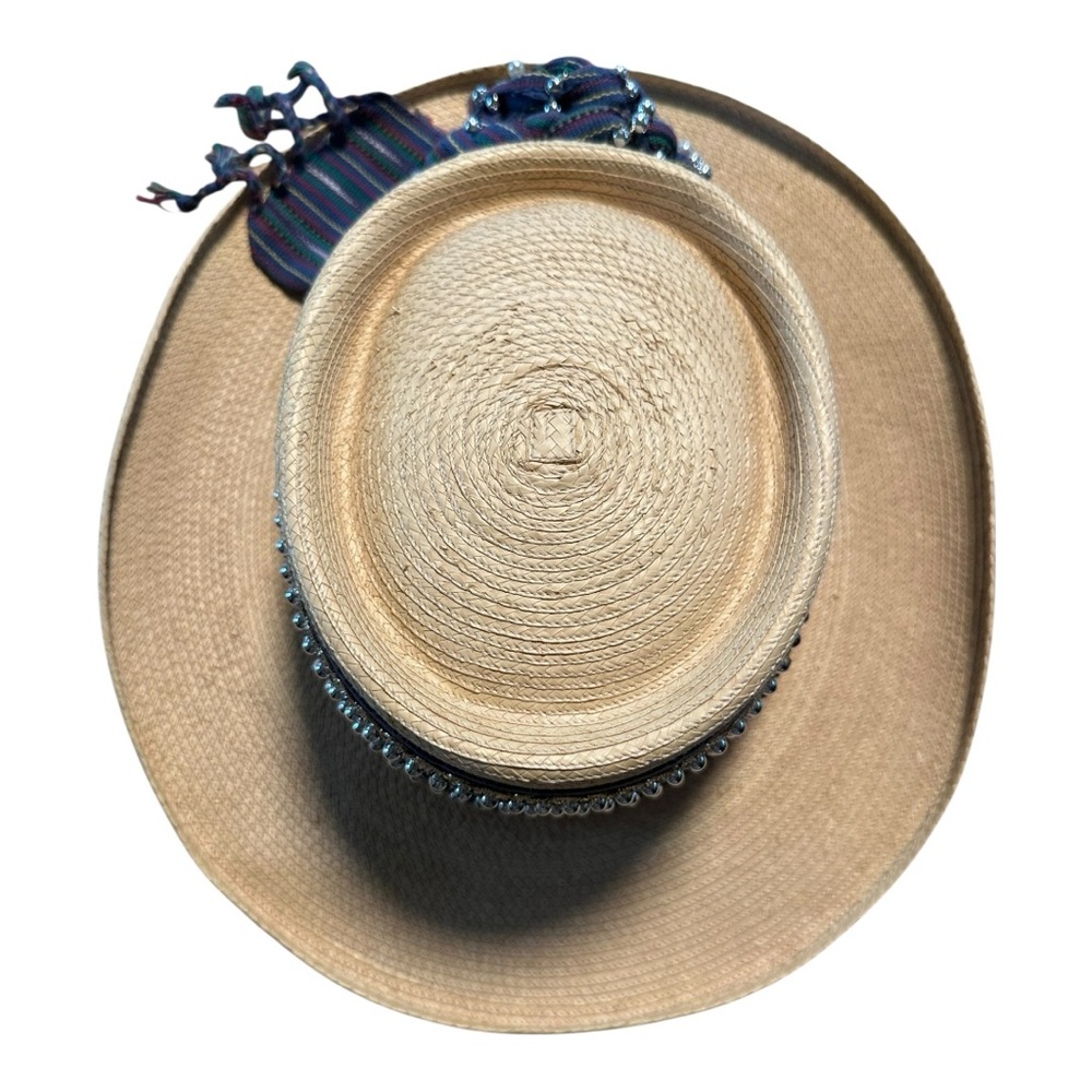 Vintage La Giralda Guatemalan Palm Leaf Hat Beaded Maya Folk Festival Boho Style - Picture 3 of 14